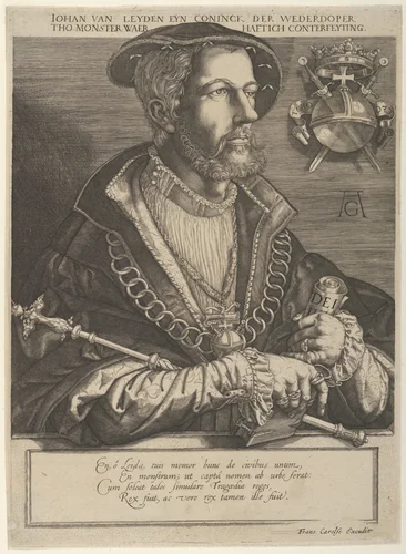 Portrait of Jan van Leiden, a Dutchman and leader of the Münster Anabaptists by Jan Muller, print, 1615