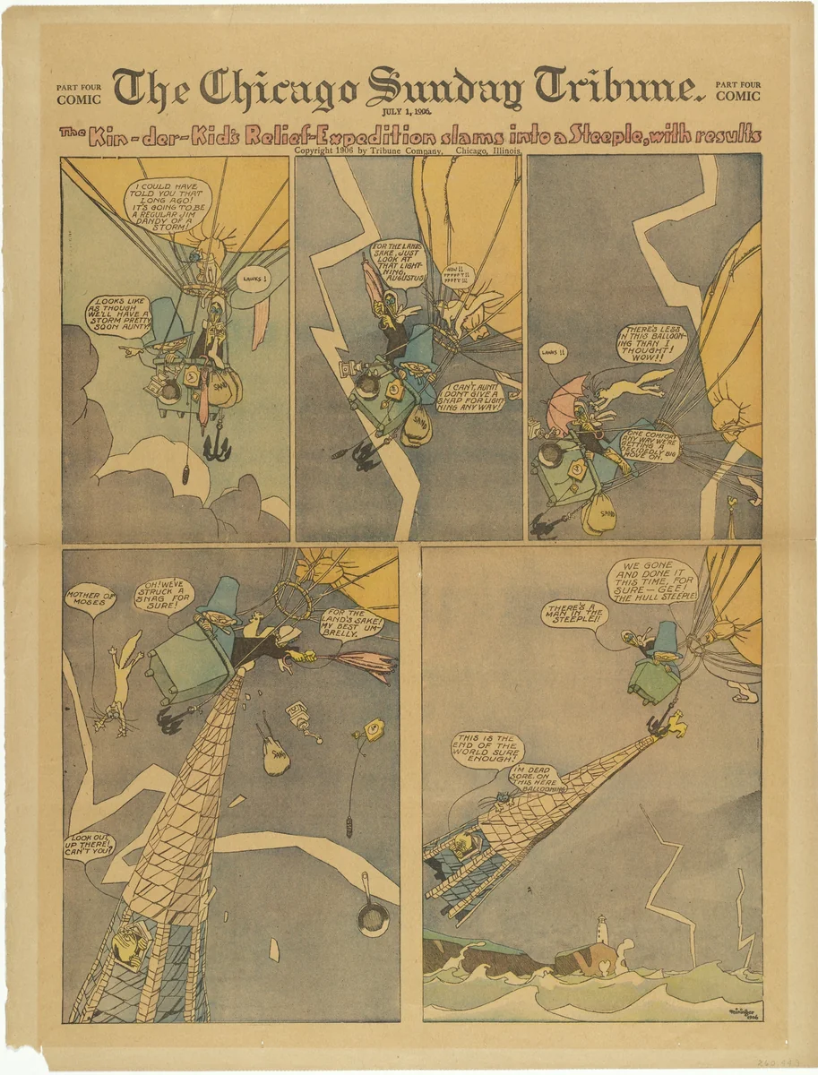 The Kin-der-Kid's Relief-Expedition Slams into a Steeple, with Results from The Chicago Sunday Tribune by Lyonel Feininger, print, 1906