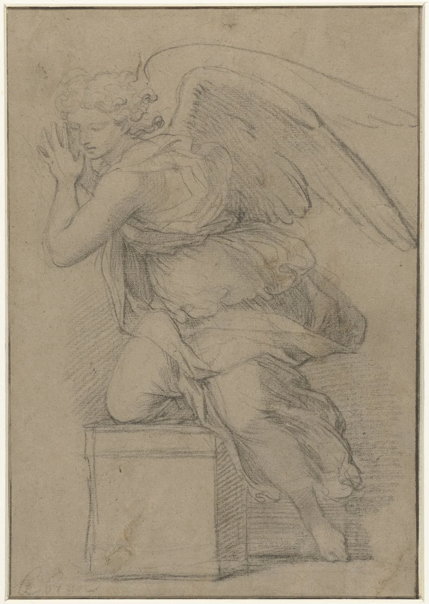 Engel in aanbidding by Charles Le Brun, drawing, 1630-1690