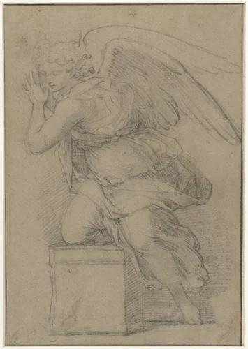 Engel in aanbidding by Charles Le Brun, drawing, 1630-1690