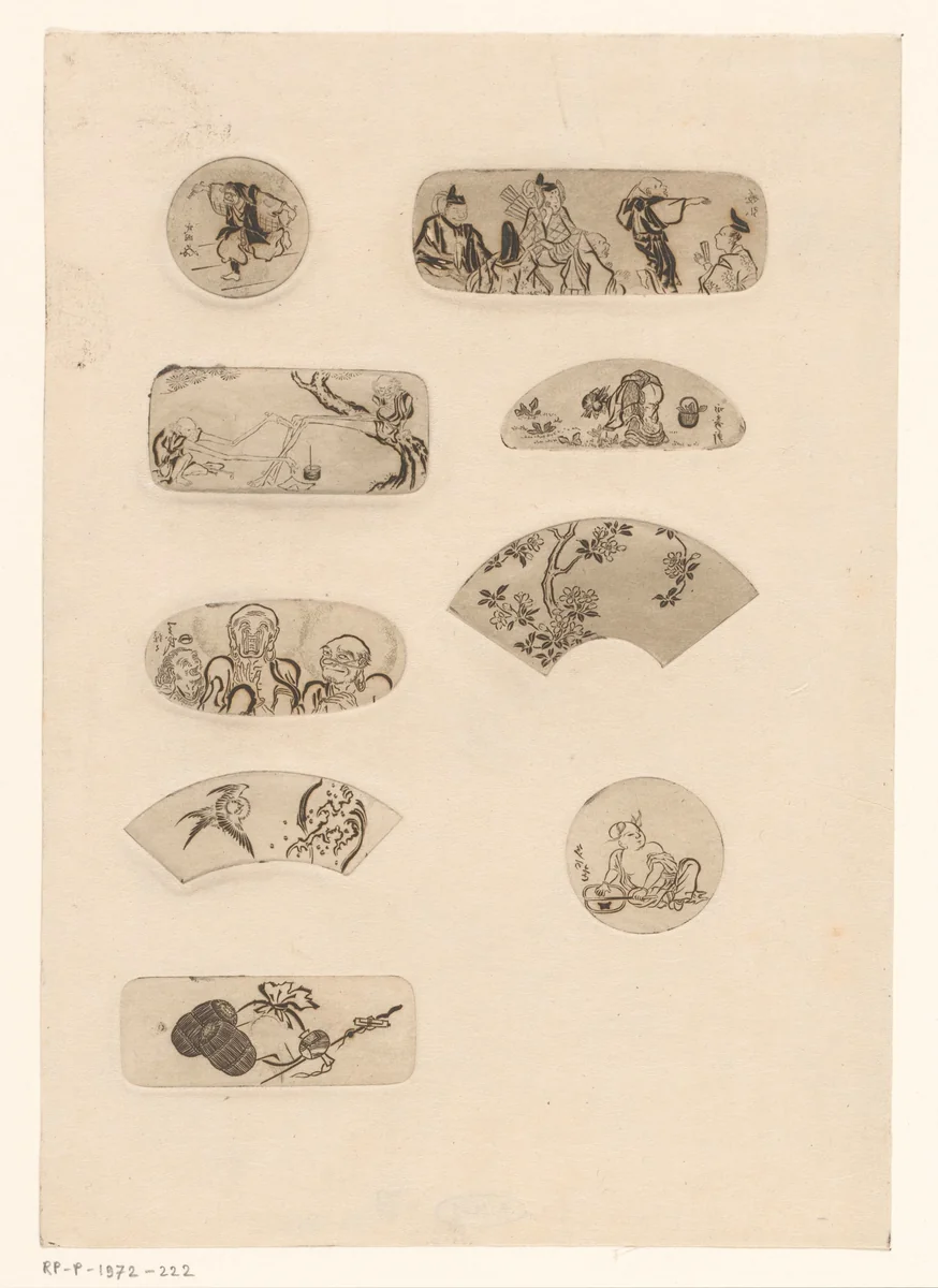 Negen Japanse motieven, mogelijk waaiers by Henri Charles Guérard, print, 1856-1897