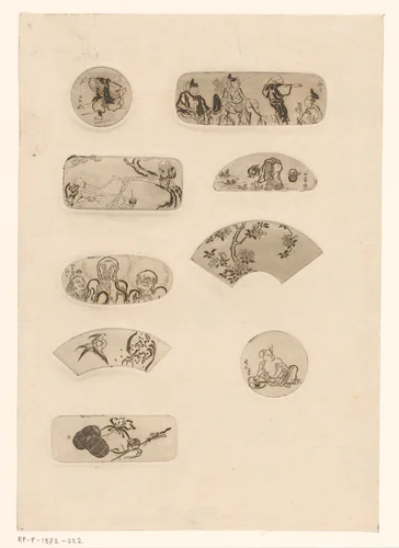 Negen Japanse motieven, mogelijk waaiers by Henri Charles Guérard, print, 1856-1897