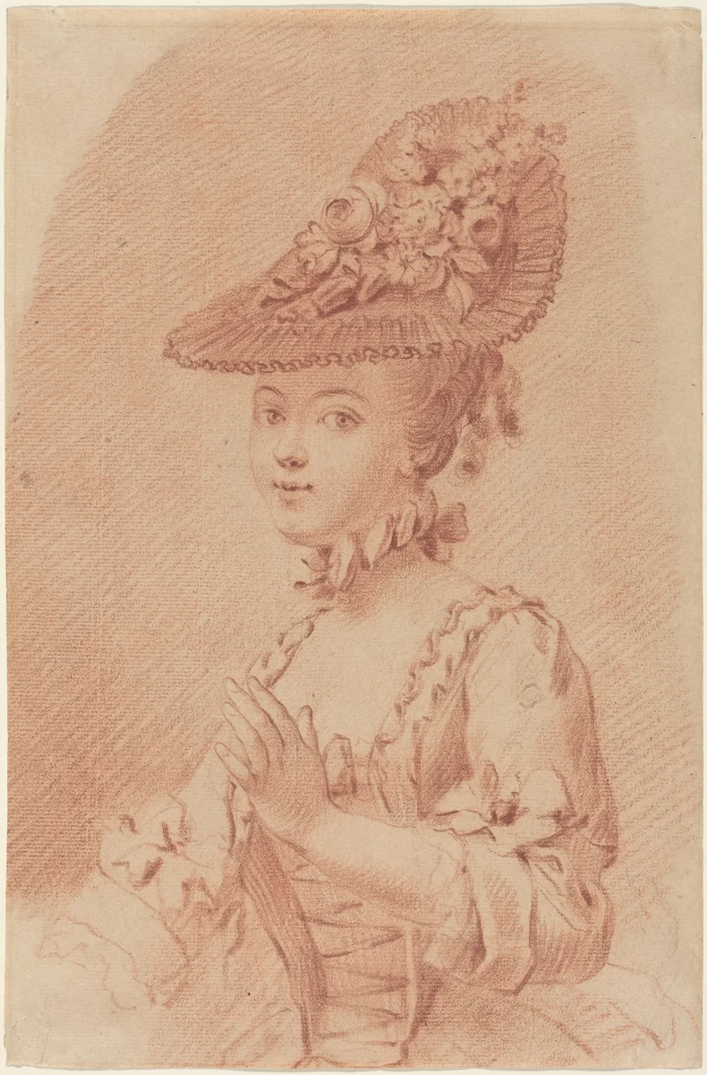 A Young Girl Wearing a Flowered Hat by French 18th Century, drawing, 1700-1799
