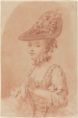 A Young Girl Wearing a Flowered Hat by French 18th Century, drawing, 1700-1799