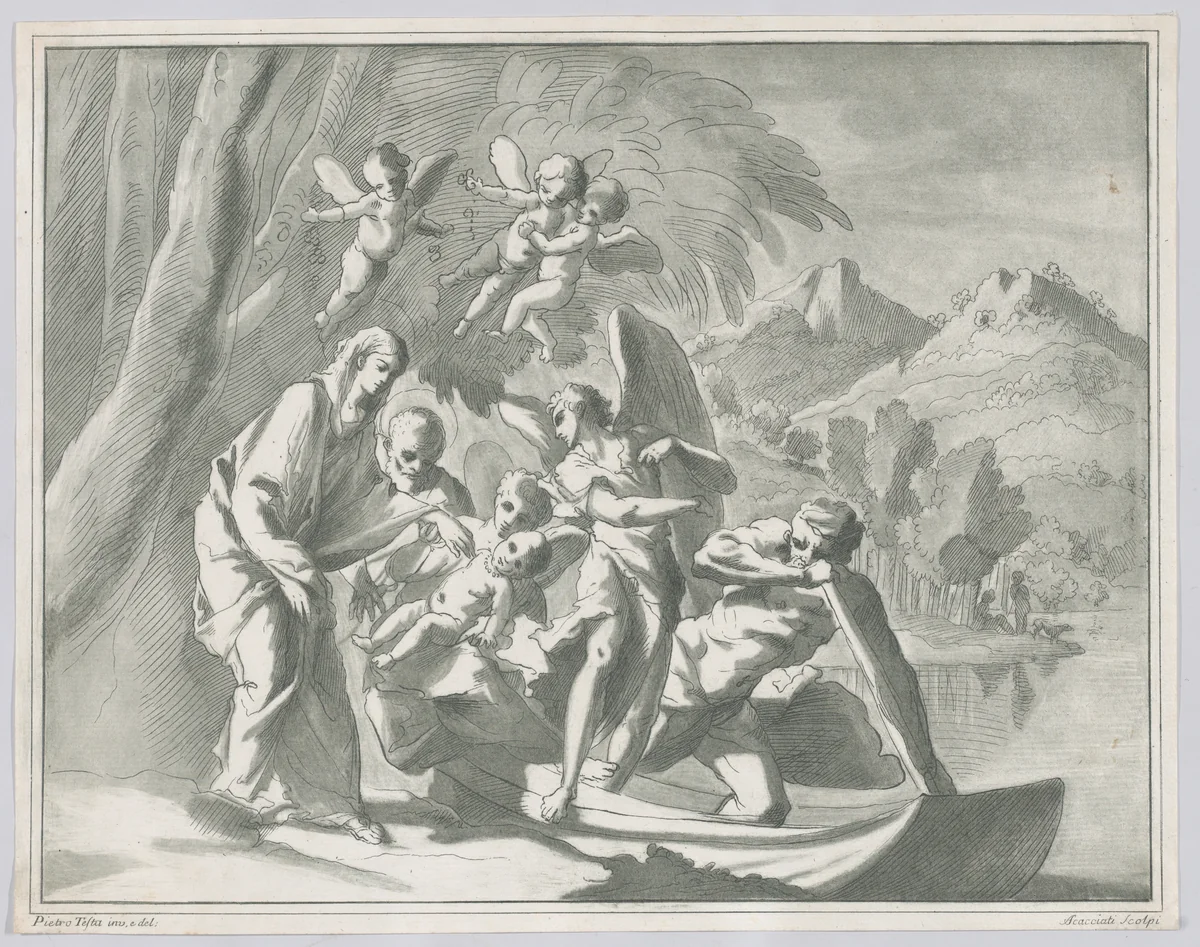 The rest on the flight into Egypt (from A Collection of Etchings and Engravings in Imitation of Drawings from Various Old Masters) by Andrea Scacciati, print, 1750-1760