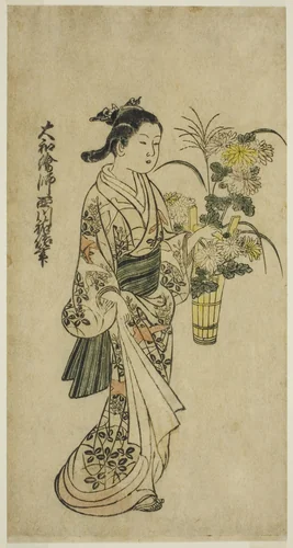 Young Girl Carrying a Flower Arrangement by Nishikawa Sukenobu (西川祐信), print, 1700-1750