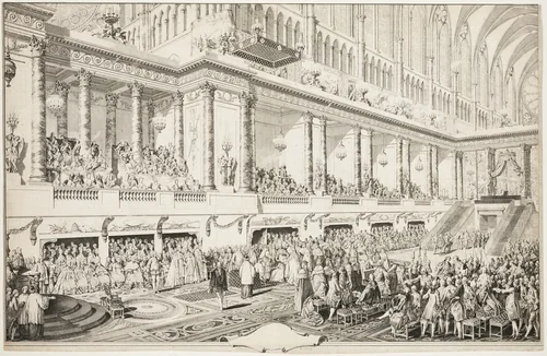 Oath of Louis XVI at his Investiture by Jean Michel Moreau, print, 1779