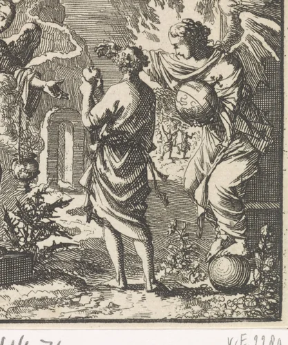 Jongeling moet kiezen tussen de brede en de smalle weg by Jan Luyken, print, 1699