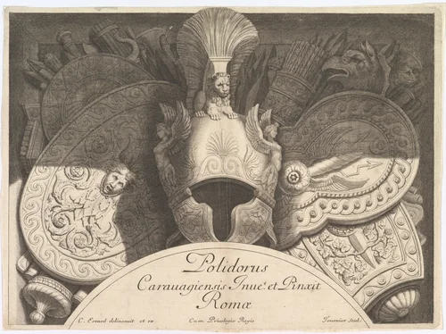 Plate from "Divers Trophées" (Weapon Trophies after the Façade of Palazzo Milesi in Rome) by Polidoro da Caravaggio, print, 1651