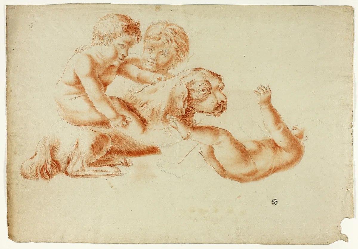 Three Putti Playing with Dog by Unknown Artist, drawing, 1700-1799