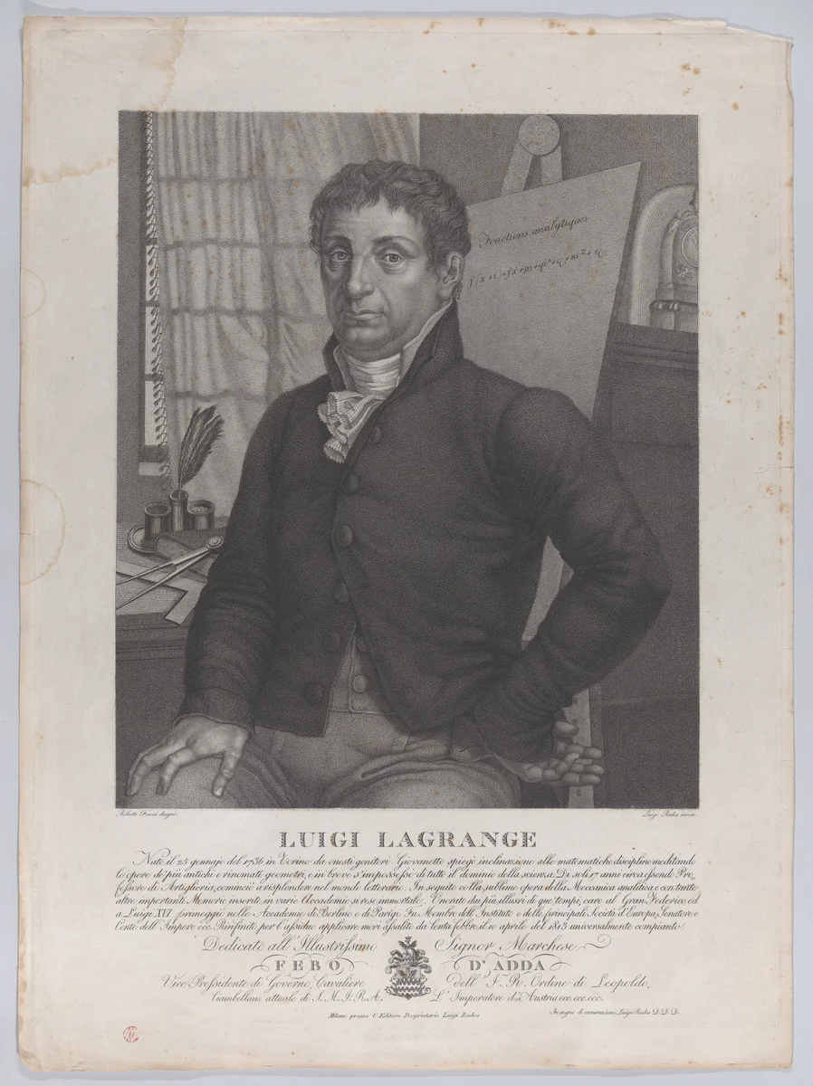 Portrait of Luigi Lagrange, seated with an easel behind him at right with a mathematical equation by Luigi Rados, print, 1827