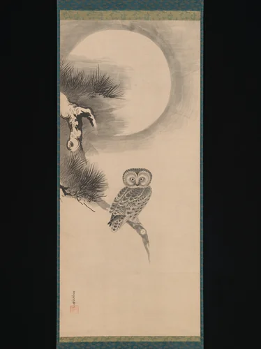 Owl on a Pine Branch by Soga Nichokuan, painting, 1615-1633