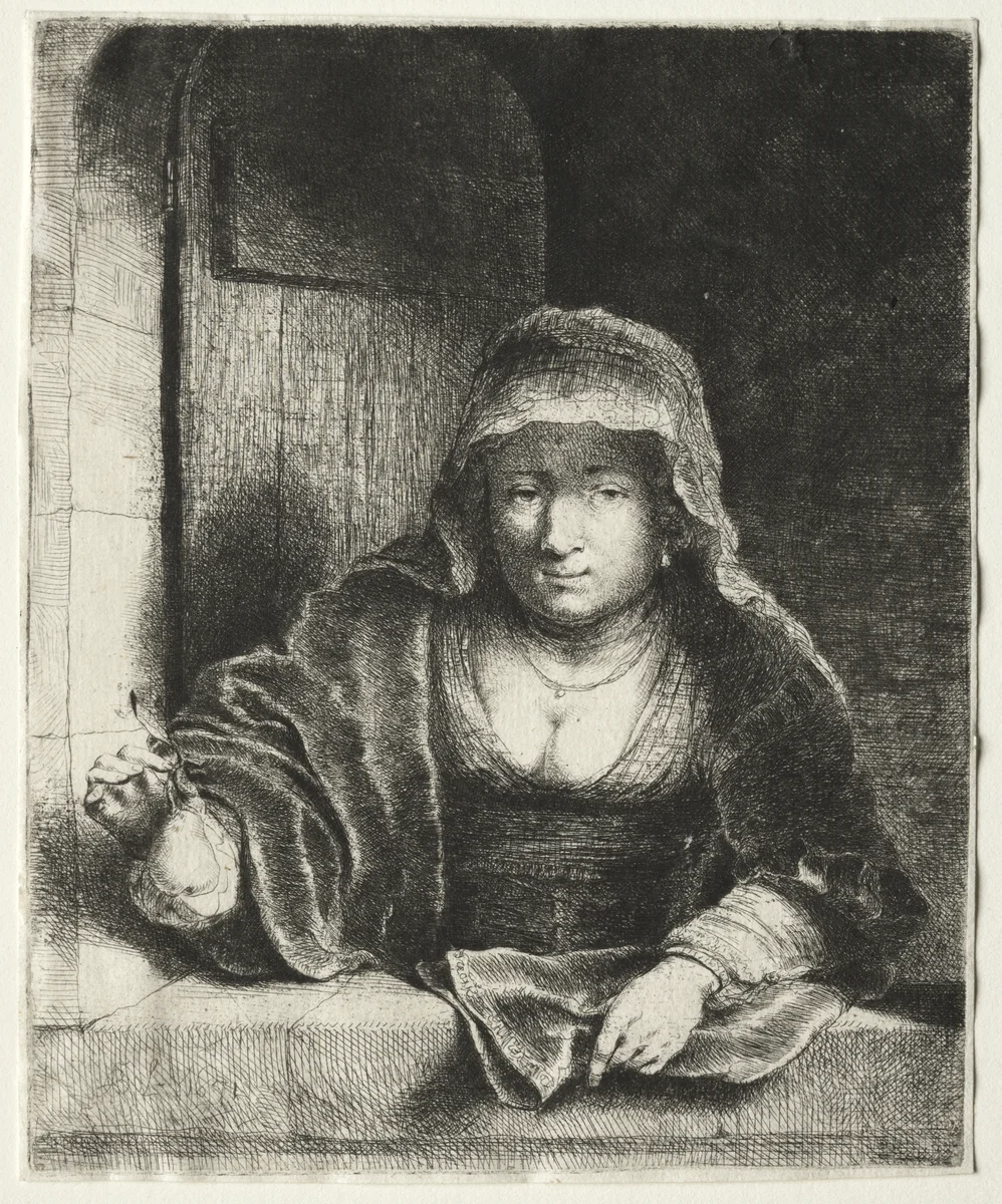 The Woman with the Pear by Ferdinand Bol, print, 1651