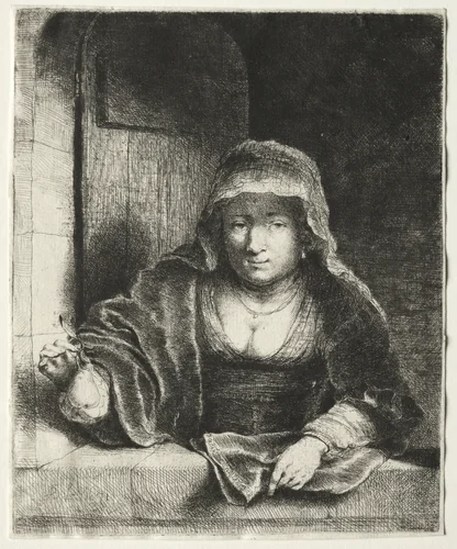 The Woman with the Pear by Ferdinand Bol, print, 1651