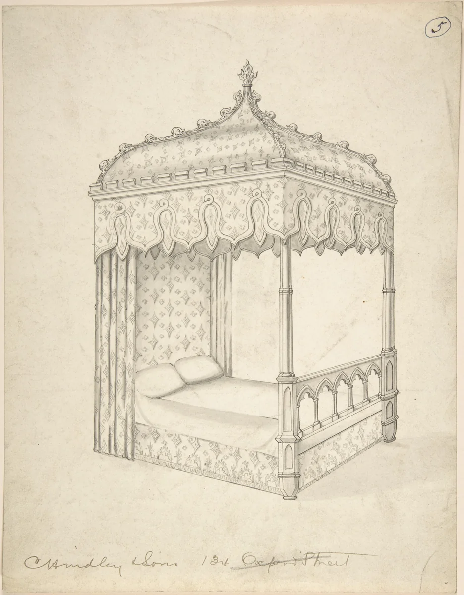 Design for a Gothic Bed with Canopy by Charles Hindley and Sons, drawing, 1841-1884