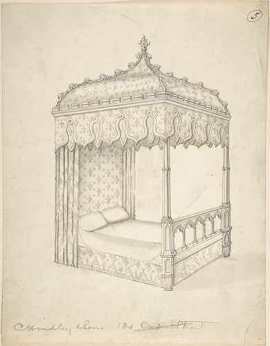 Design for a Gothic Bed with Canopy by Charles Hindley and Sons, drawing, 1841-1884
