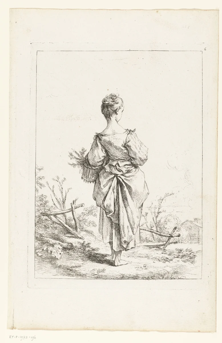 Jong meisje met een mand by François Boucher, print, 1730-1760