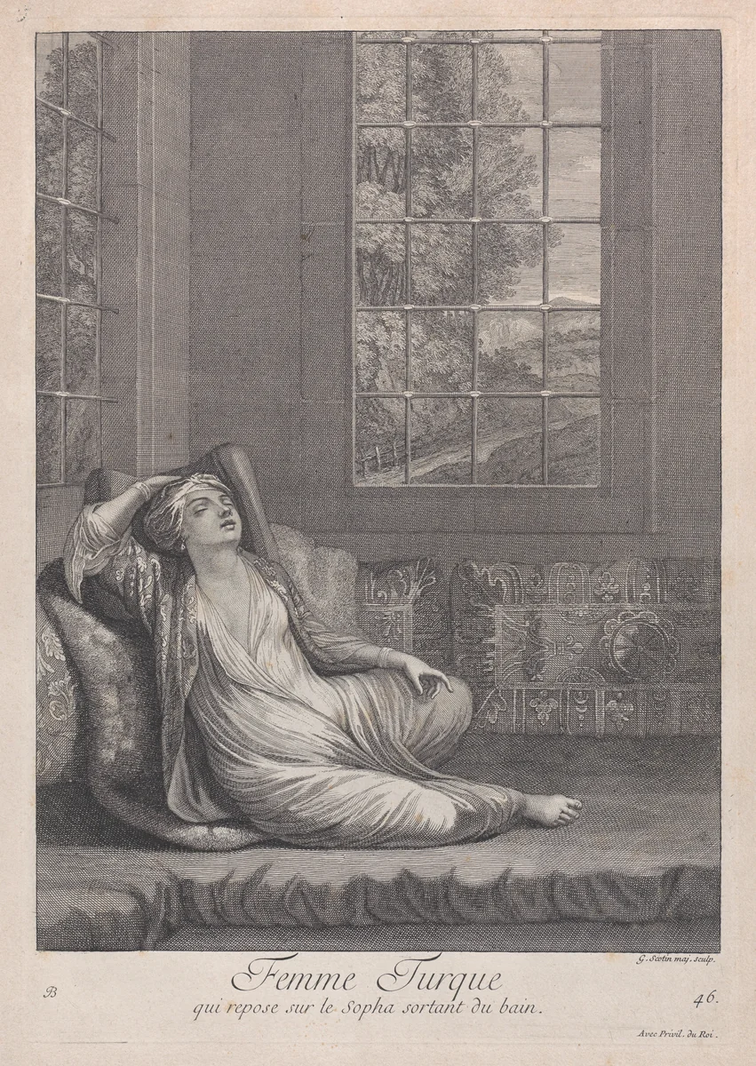 Femme Turque, qui repose sur le Sopha sortant du bain, plate 46 from "Recueil de cent estampes représentent differentes nations du Levant" by Jean Baptiste Vanmour, print, 1714-1715