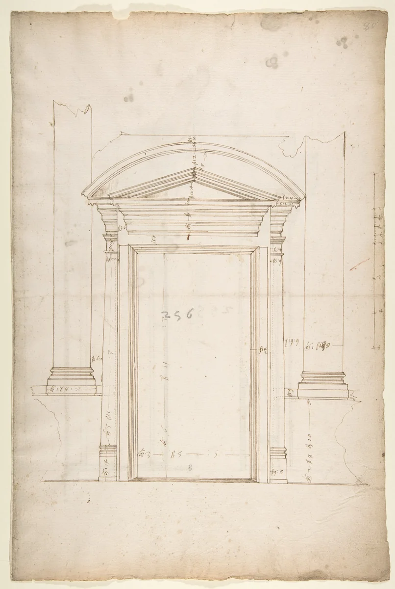 San Lorenzo, Library, entry portal to library, elevation (recto) San Lorenzo, Library, entry portal to library, section; entry portal to library, side elevation (verso) by anonymous, drawing, 1500-1560