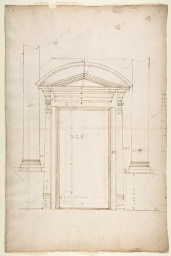San Lorenzo, Library, entry portal to library, elevation (recto) San Lorenzo, Library, entry portal to library, section; entry portal to library, side elevation (verso) by anonymous, drawing, 1500-1560