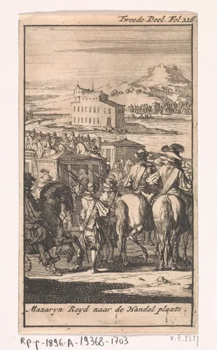 Kardinaal Mazarin met een koets op weg naar Fazanteneiland, 1659 by Caspar Luyken, print, 1699