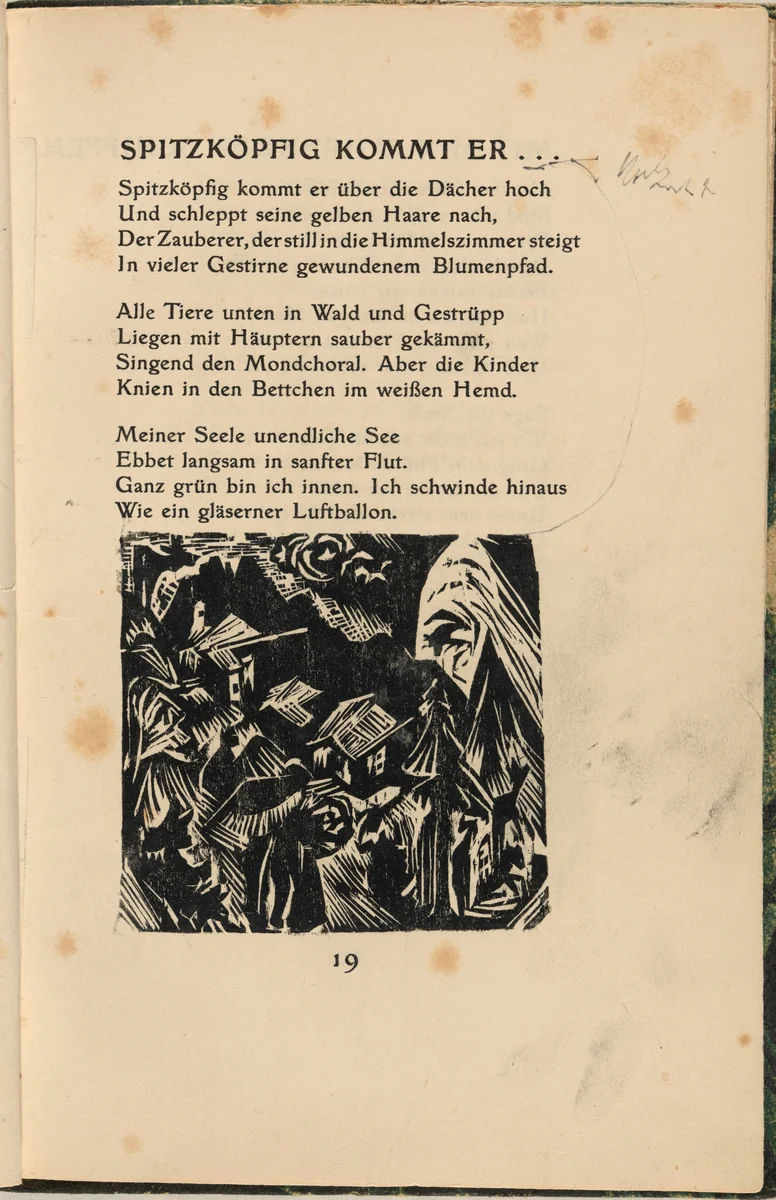 Spitzköpfig kommt er... (With a Pointed Head He Rises...) (in-text plate) from mock-up of Georg Heym: Umbra Vitae (Georg Heym: Shadow of Life) by Ernst Ludwig Kirchner, volume, 1912-1922
