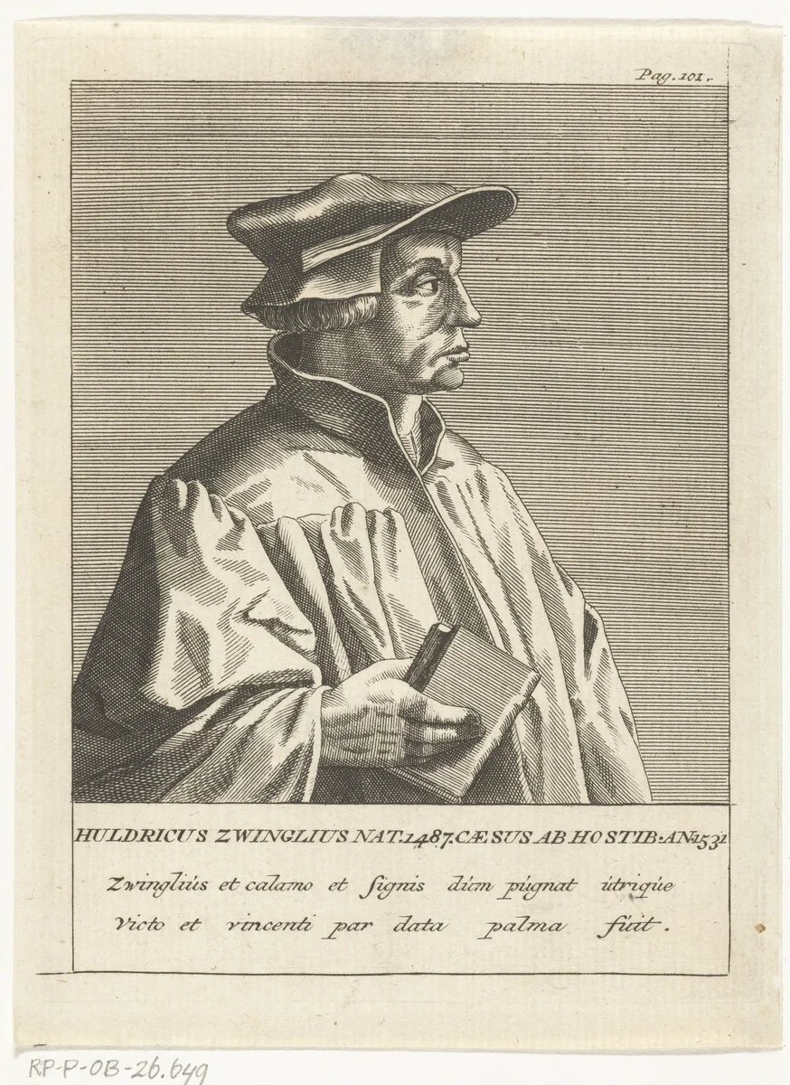 Portret van Zwitserse priester en hervormer Ulrich Zwingli by François van Bleyswijck, print, 1681-1741