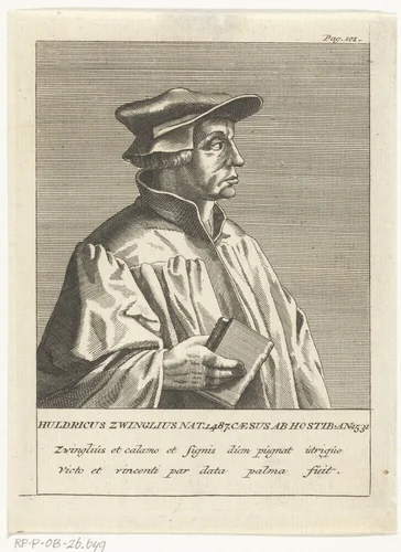 Portret van Zwitserse priester en hervormer Ulrich Zwingli by François van Bleyswijck, print, 1681-1741