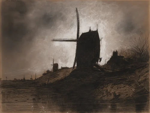 Windmills in a Landscape by Eugene Deshayes, drawing, 1848-1890
