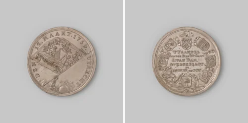 Op het overbrengen van het vaandel der Compagnie de Swarte Knegten te Utrecht onder bevel van kapitein J. Van Dam naar Mr. W.W. du Pon by Johann Conrad Marmé, metalwork, 1759-1779