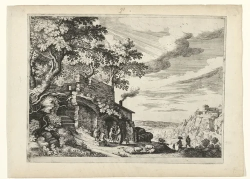 Herders bij een ruïne by Guilliam van Nieulandt, print, 1594-1635