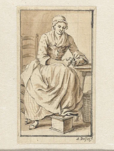 Zittende, schillende vrouw by Abraham Delfos, drawing, 1741-1820
