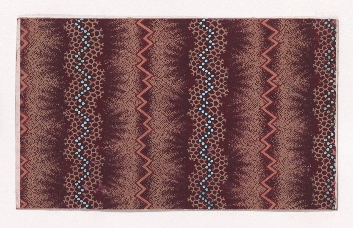 Textile Design with Alternating Vertical Zig-Zaggins Strips and Pearls by anonymous, drawing, 1840
