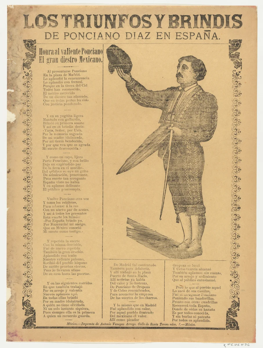Broadsheet relating to the triumphs of the bullfighter Ponciano Diaz in Spain, a corrido (ballad) in the bottom section by José Guadalupe Posada, print, 1894-1904