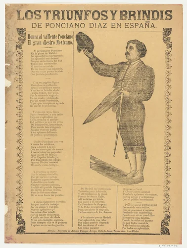 Broadsheet relating to the triumphs of the bullfighter Ponciano Diaz in Spain, a corrido (ballad) in the bottom section by José Guadalupe Posada, print, 1894-1904