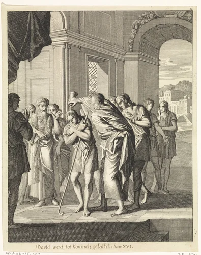 David wordt door Samuël gezalfd by Caspar Luyken, print, 1708