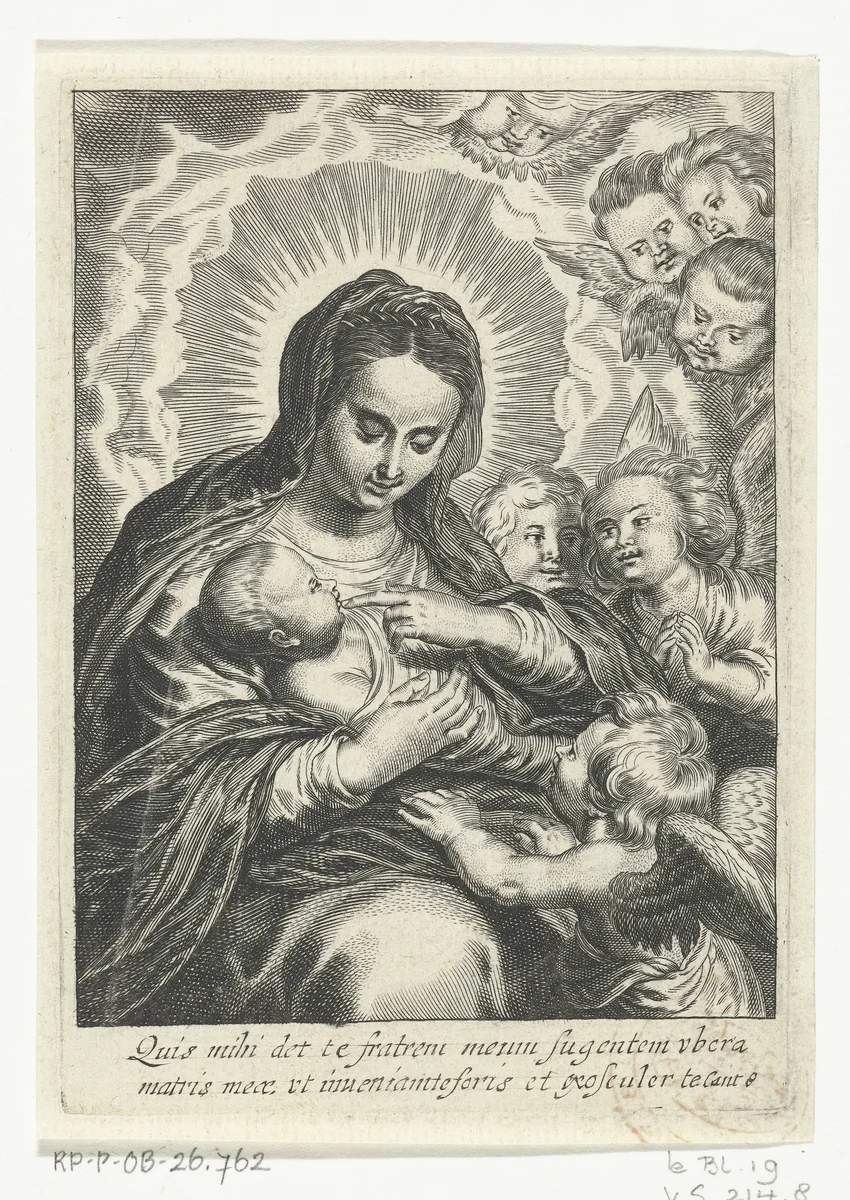 Maria met kind tussen engelen by Schelte Adamsz. Bolswert, print, 1596-1659