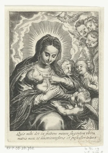 Maria met kind tussen engelen by Schelte Adamsz. Bolswert, print, 1596-1659