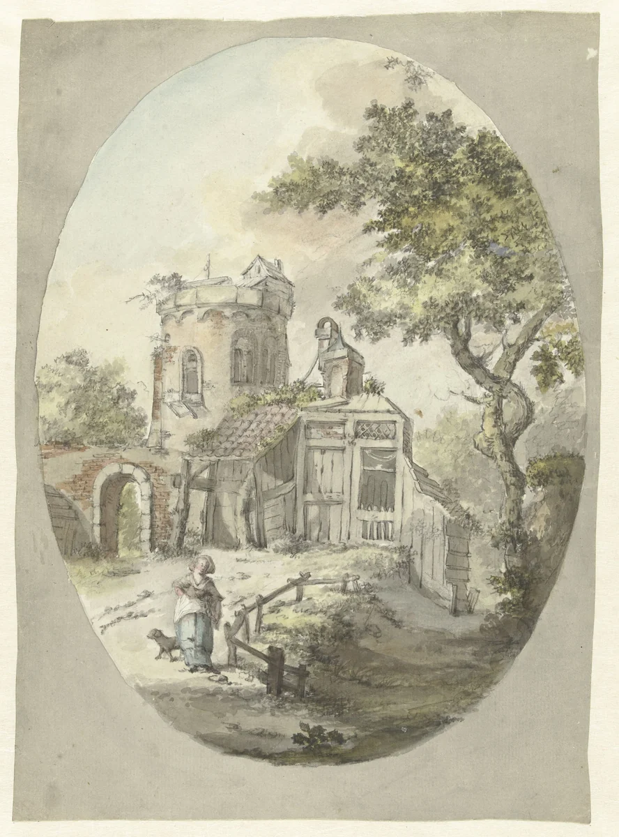 Vrouw met hond voor bouwval aan een toren by Pieter Bartholomeusz. Barbiers, drawing, 1782-1837