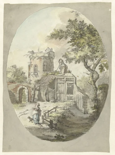 Vrouw met hond voor bouwval aan een toren by Pieter Bartholomeusz. Barbiers, drawing, 1782-1837