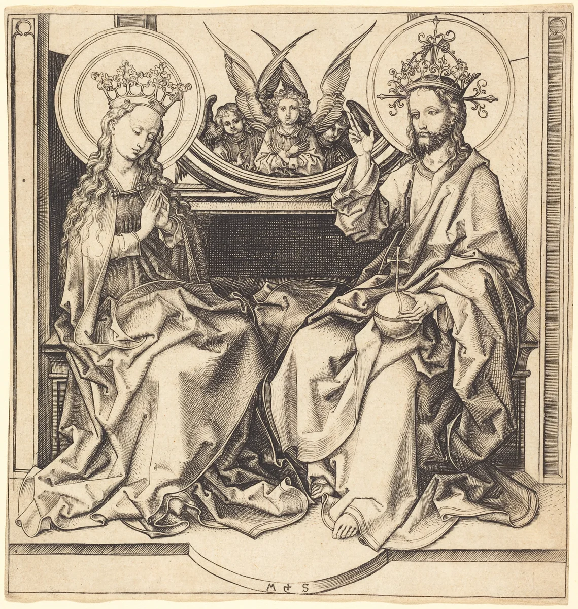 Christ Blessing the Virgin by Martin Schongauer, print, 1480-1490