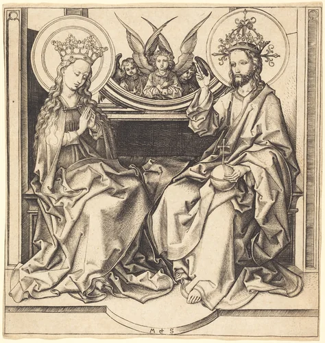 Christ Blessing the Virgin by Martin Schongauer, print, 1480-1490