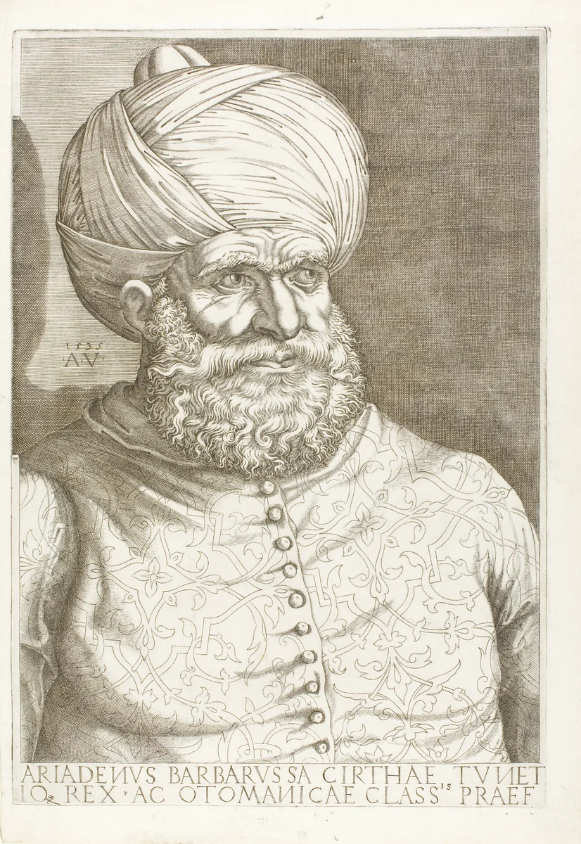 Portrait of Barbarossa by Agostino dei Musi, print, 1535
