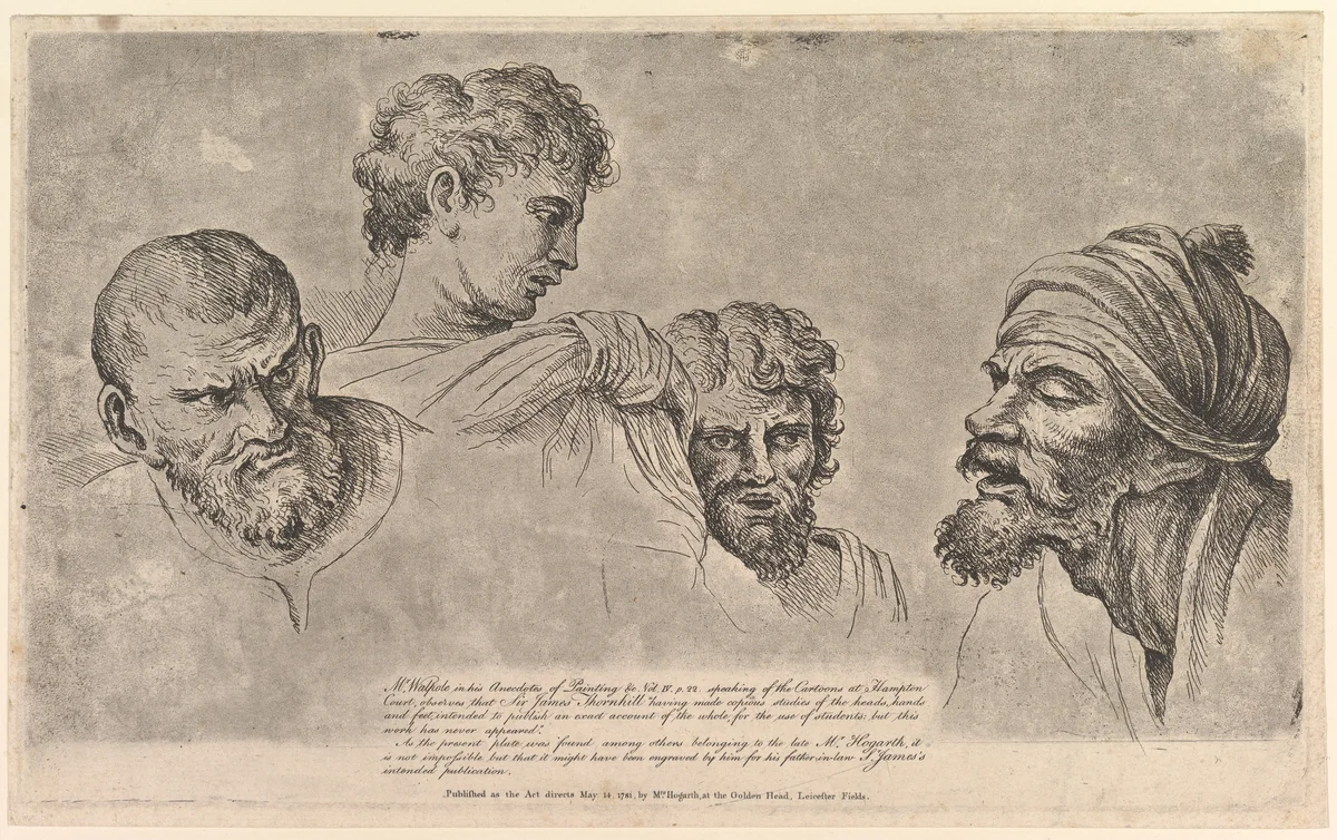 Four Heads From the Raphael Cartoons at Hampton Court by William Hogarth, print, 1781