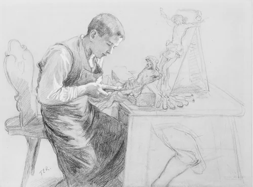 Study of a Boy Carving a Crucifix by Toby E. Rosenthal, artwork, 1908