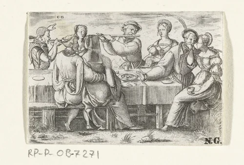 Gasten en bruidspaar aan tafel by Unknown, print, 1537-1555