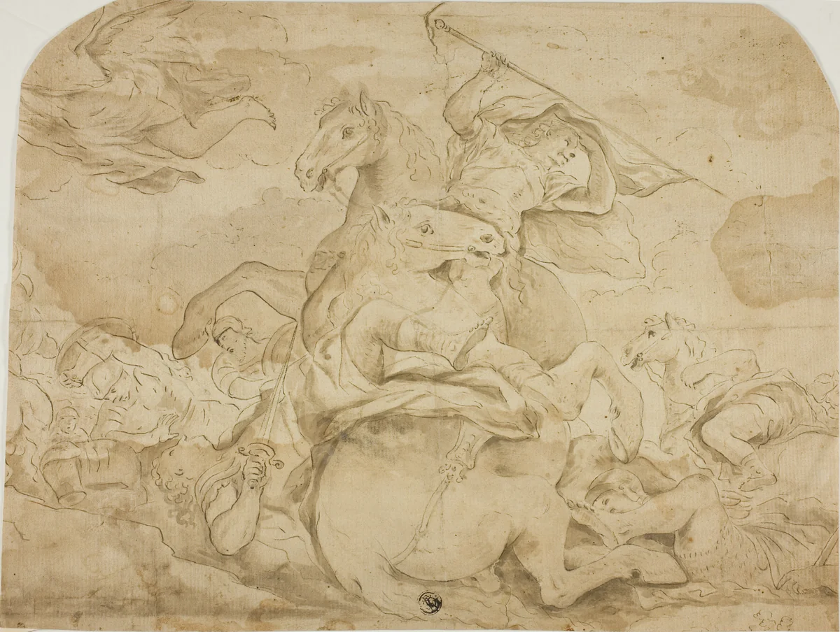 Battle Scene with Central Figure on Rearing Horse by Luca Giordano, drawing, 1650-1749