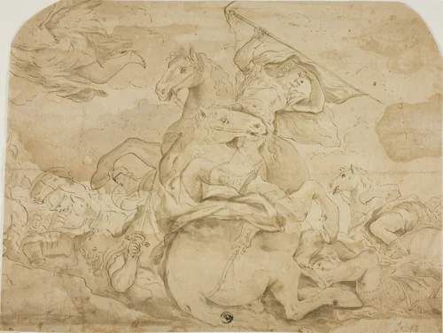 Battle Scene with Central Figure on Rearing Horse by Luca Giordano, drawing, 1650-1749