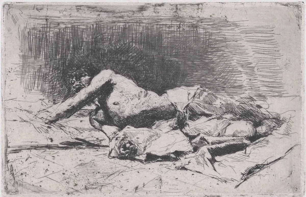 A partly naked man on the ground right arm outstretched by Mariano Fortuny, print, 1860-1870