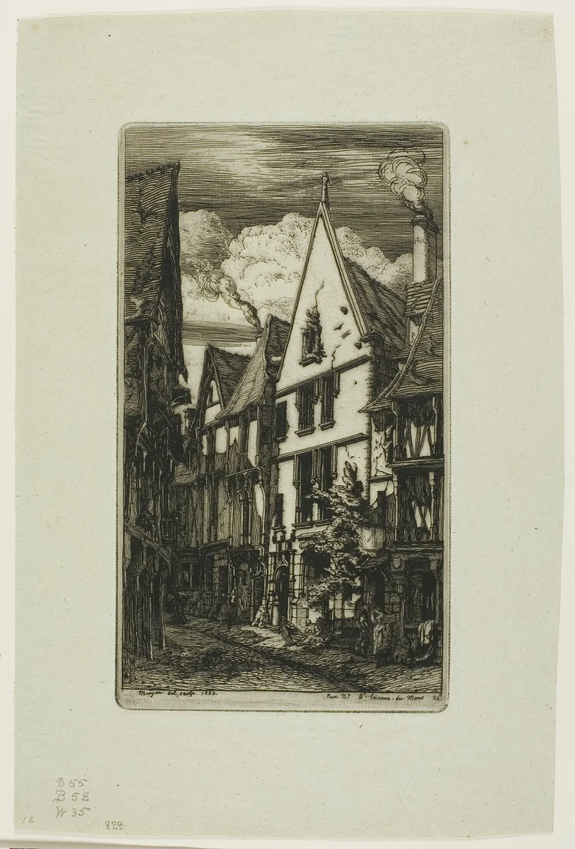 Rue des Toiles, Bourges by Charles Meryon, print, 1853